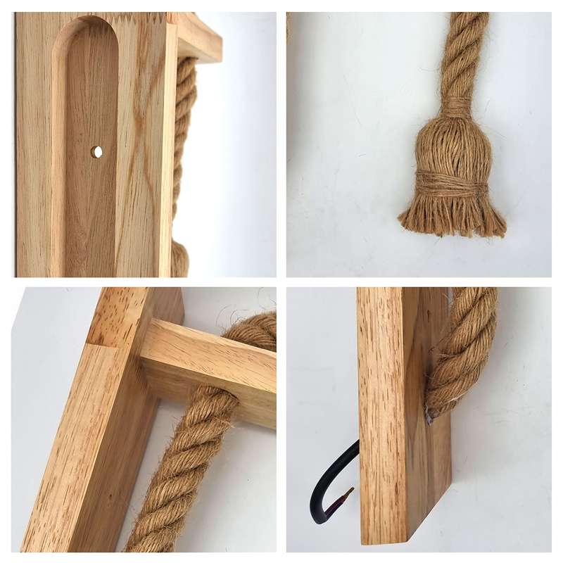 Wooden Bracket Rope Wall Light – Natural Hemp, E27 - photo 5