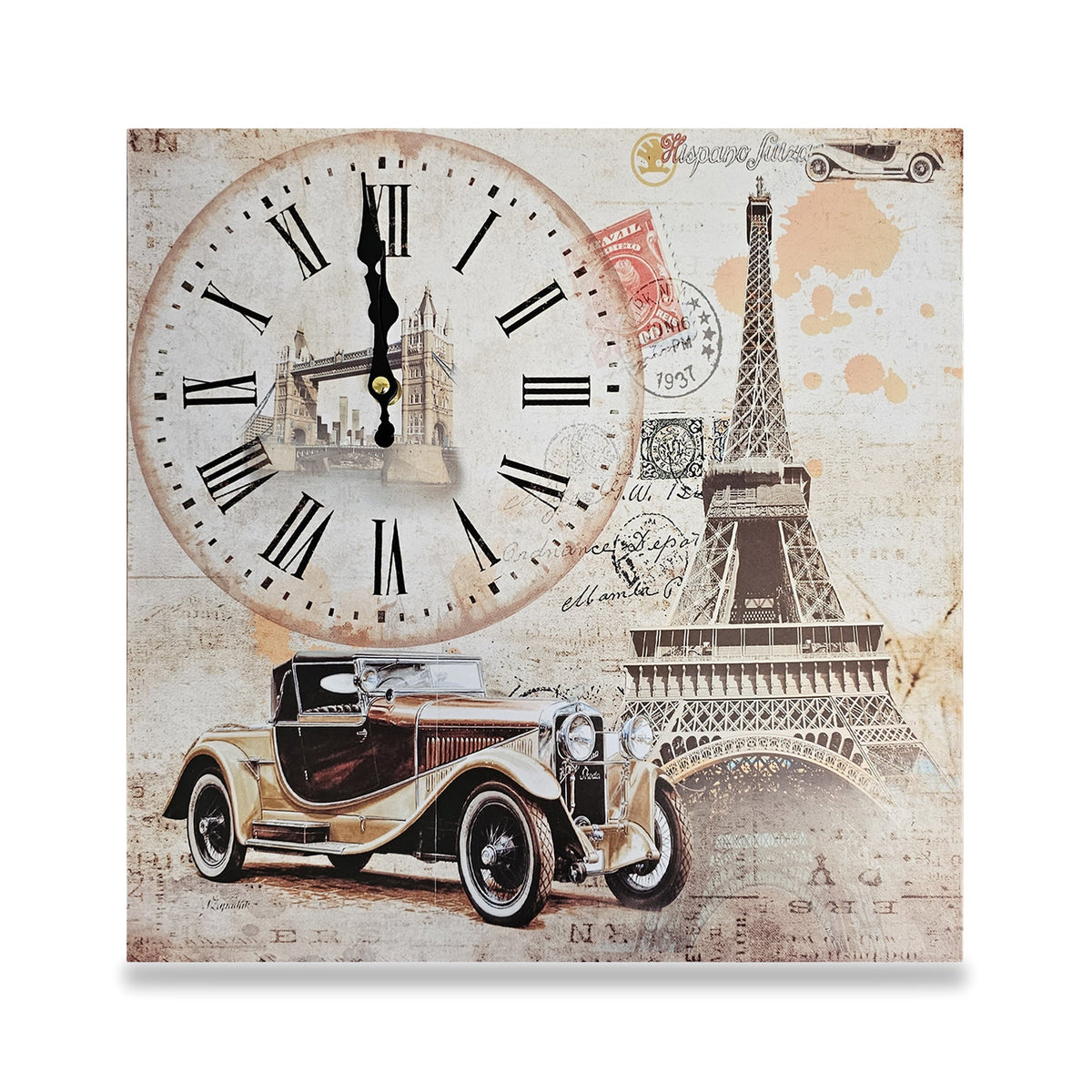 Eiffel Tower & Vintage Car Wall Clock – 38 cm Square, Frameless Wood