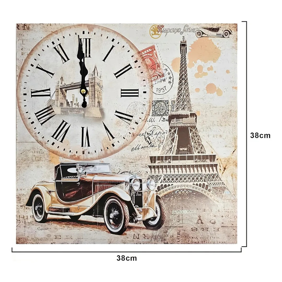 Eiffel Tower & Vintage Car Wall Clock – 38 cm Square, Frameless Wood - photo 3