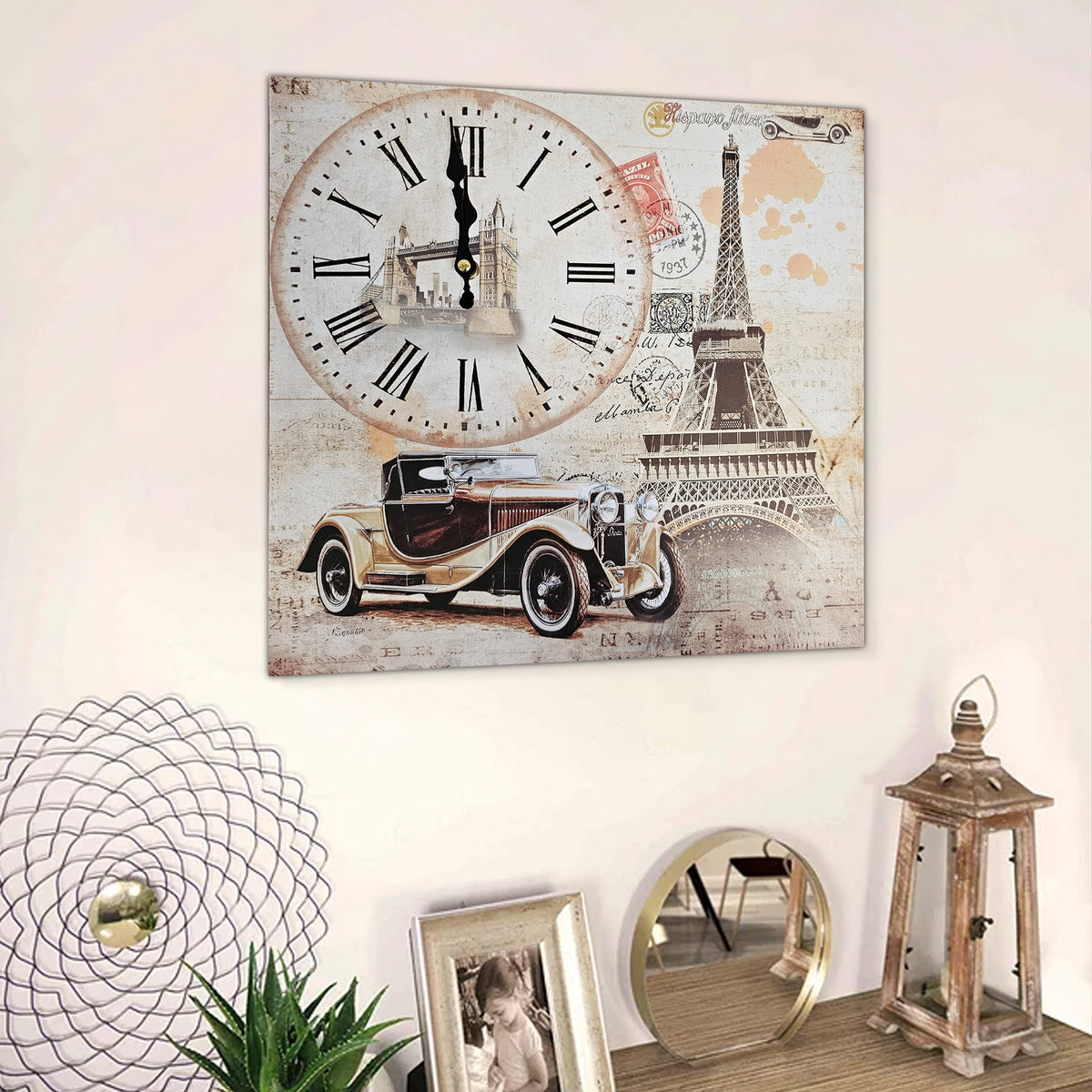 Eiffel Tower & Vintage Car Wall Clock – 38 cm Square, Frameless Wood - photo 4