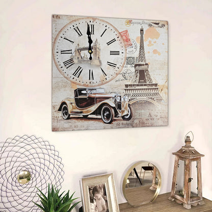 Eiffel Tower & Vintage Car Wall Clock – 38 cm Square, Frameless Wood - photo 4