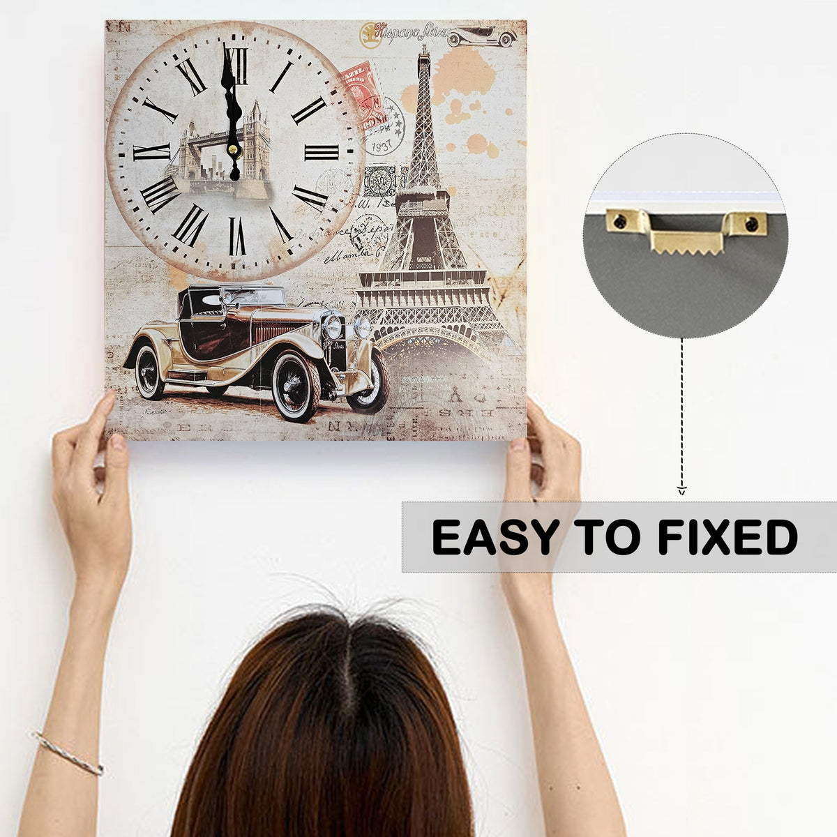 Eiffel Tower & Vintage Car Wall Clock – 38 cm Square, Frameless Wood - photo 5
