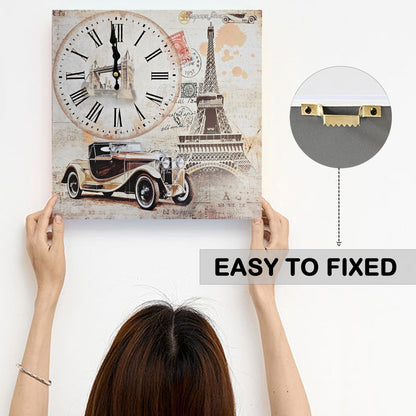 Eiffel Tower & Vintage Car Wall Clock – 38 cm Square, Frameless Wood - photo 5