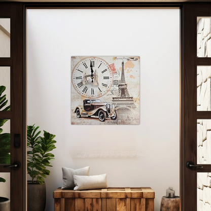 Eiffel Tower & Vintage Car Wall Clock – 38 cm Square, Frameless Wood - photo 6