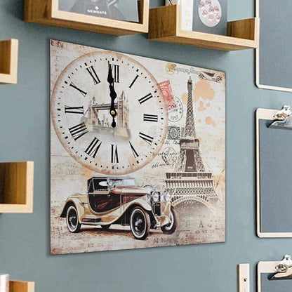 Eiffel Tower & Vintage Car Wall Clock – 38 cm Square, Frameless Wood - photo 7
