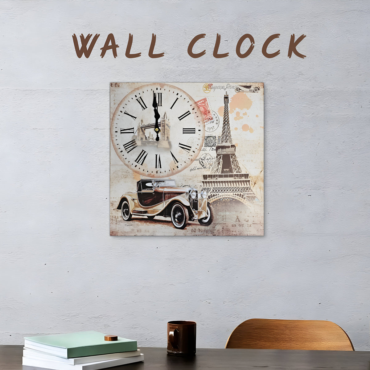 Eiffel Tower & Vintage Car Wall Clock – 38 cm Square, Frameless Wood - photo 8