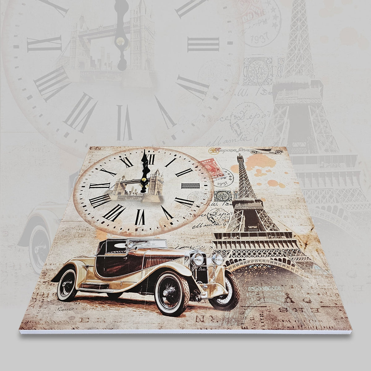Eiffel Tower & Vintage Car Wall Clock – 38 cm Square, Frameless Wood - photo 9