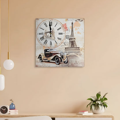 Eiffel Tower & Vintage Car Wall Clock – 38 cm Square, Frameless Wood - photo 2