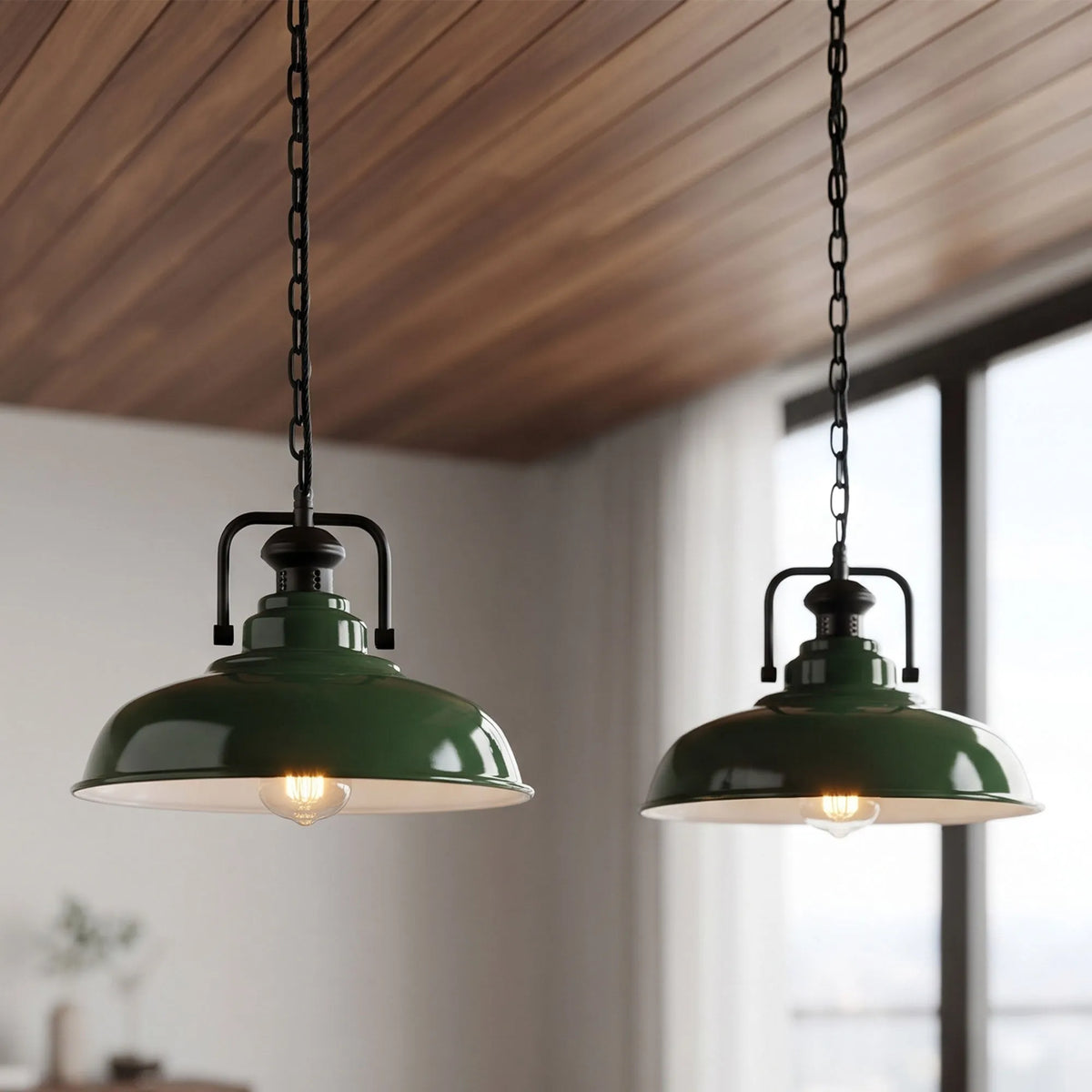 Industrial Chain Pendant Light – Black Yoke Holder, Metal Shade, E27 - photo 5