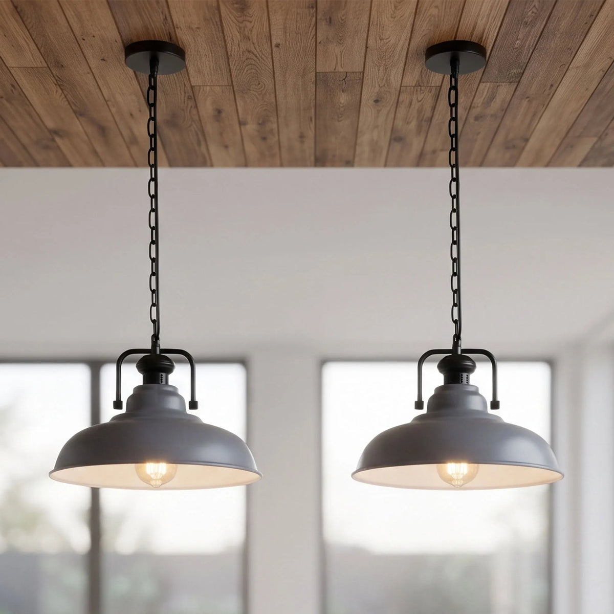 Industrial Chain Pendant Light – Black Yoke Holder, Metal Shade, E27 - photo 9