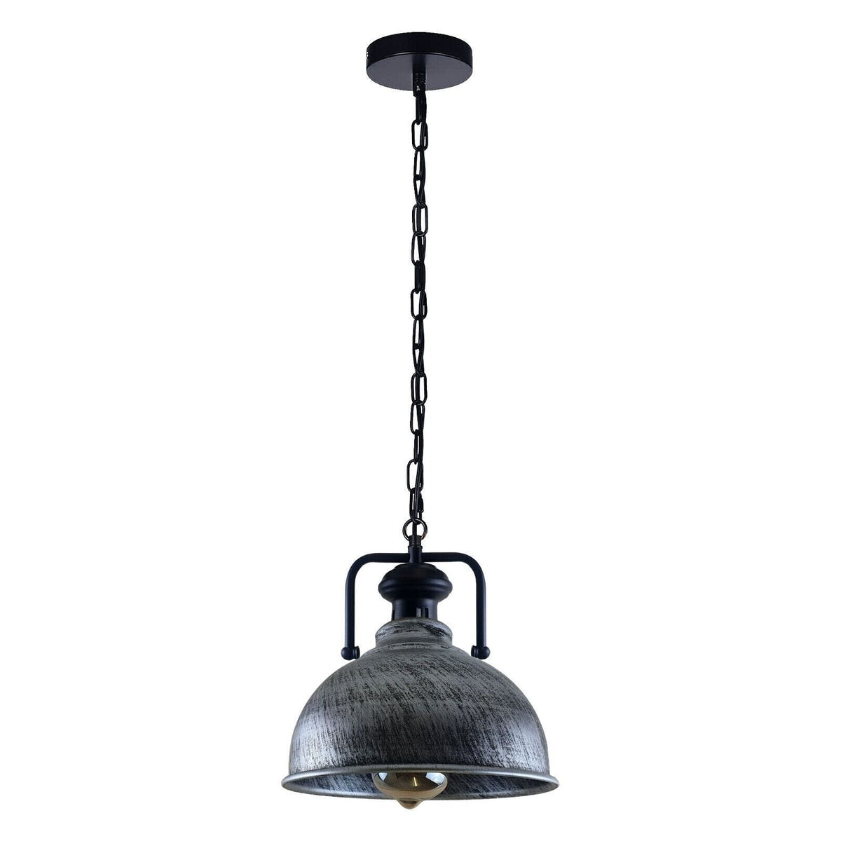 Industrial Chain Pendant Light – Black Yoke Holder, Metal Shade, E27 - Black & White, Curvy 21 cm Brushed Silver, Without Bulb
