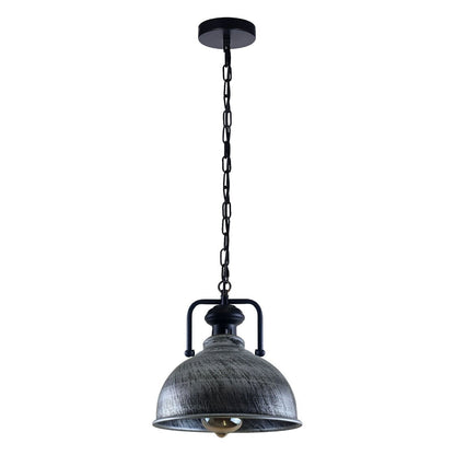 Industrial Chain Pendant Light – Black Yoke Holder, Metal Shade, E27 - Black & White, Curvy 21 cm Brushed Silver, Without Bulb