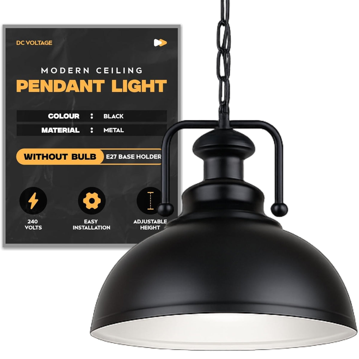 Industrial Chain Pendant Light – Black Yoke Holder, Metal Shade, E27 - Black & White, Curvy 29 cm Black & White Inner, Without Bulb