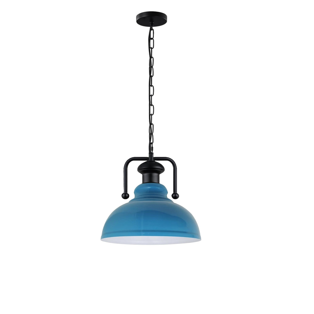 Industrial Chain Pendant Light – Black Yoke Holder, Metal Shade, E27 - Black & White, Curvy 29 cm Blue, Without Bulb