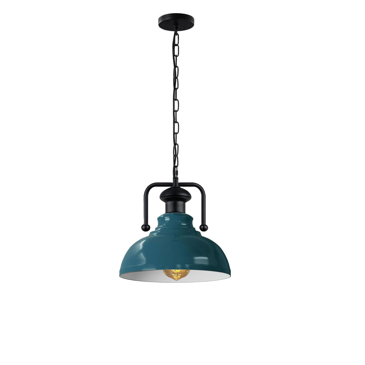 Industrial Chain Pendant Light – Black Yoke Holder, Metal Shade, E27 - Black & White, Curvy 29 cm Cyan Blue, Without Bulb