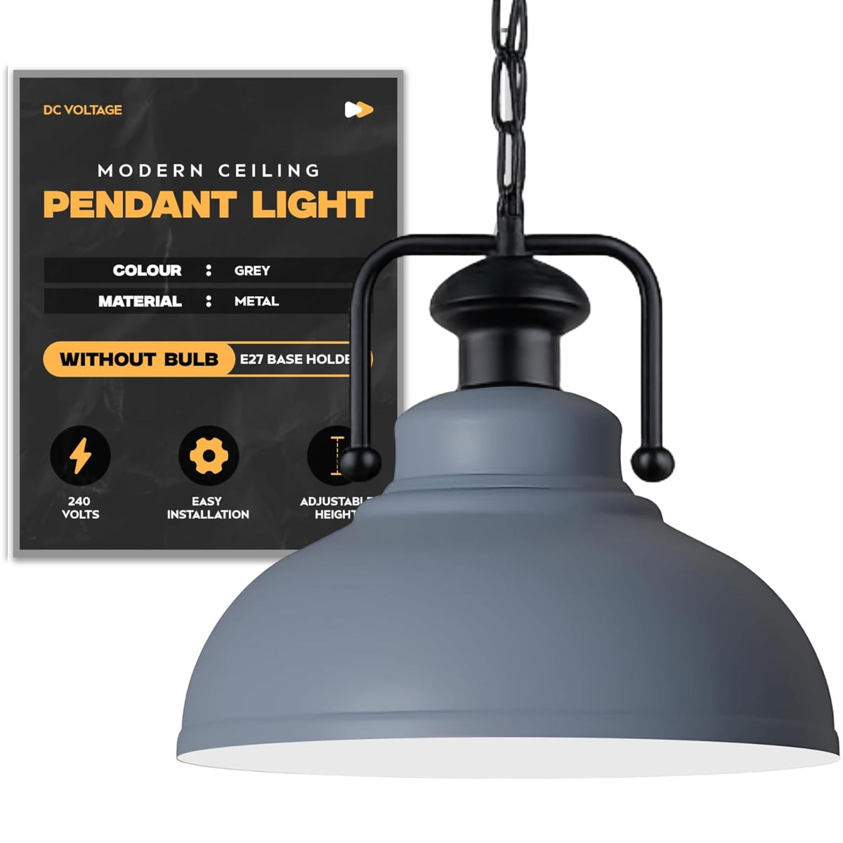 Industrial Chain Pendant Light – Black Yoke Holder, Metal Shade, E27 - Black & White, Curvy 29 cm Grey, Without Bulb