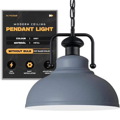 Industrial Chain Pendant Light – Black Yoke Holder, Metal Shade, E27 - Black & White, Curvy 29 cm Grey, Without Bulb