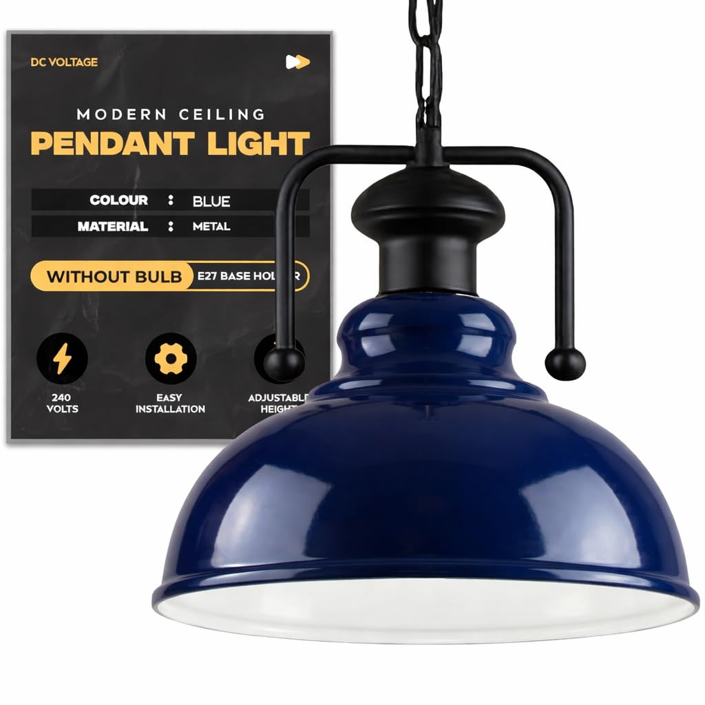 Industrial Chain Pendant Light – Black Yoke Holder, Metal Shade, E27 - Black & White, Curvy 29 cm Navy Blue, Without Bulb