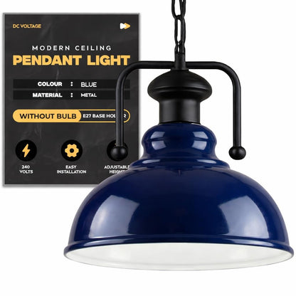 Industrial Chain Pendant Light – Black Yoke Holder, Metal Shade, E27 - Black & White, Curvy 29 cm Navy Blue, Without Bulb