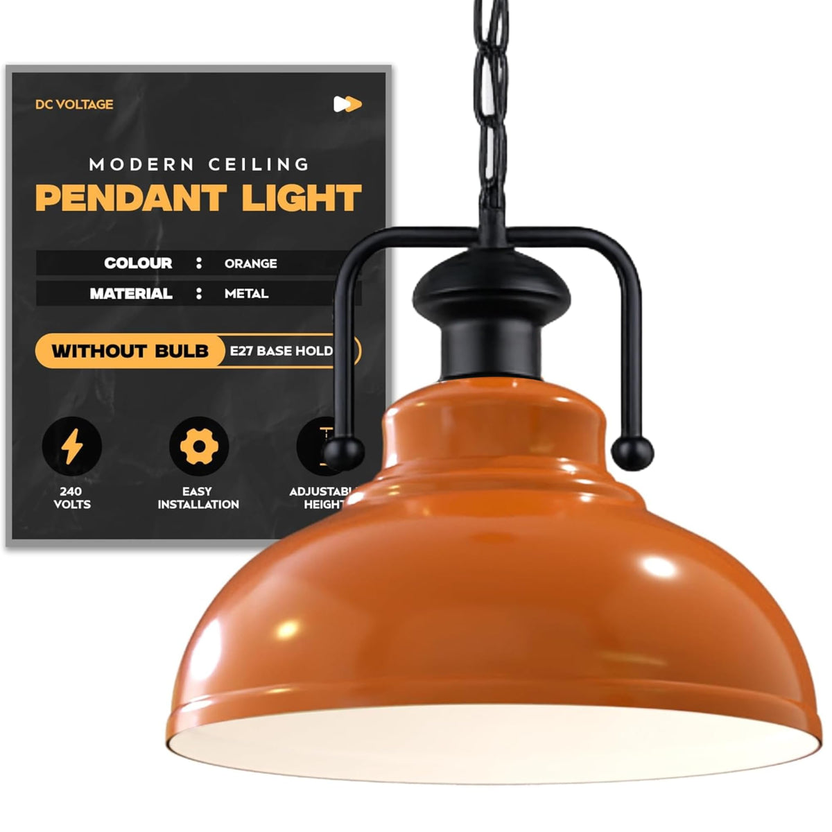 Industrial Chain Pendant Light – Black Yoke Holder, Metal Shade, E27 - Black & White, Curvy 29 cm Orange, Without Bulb