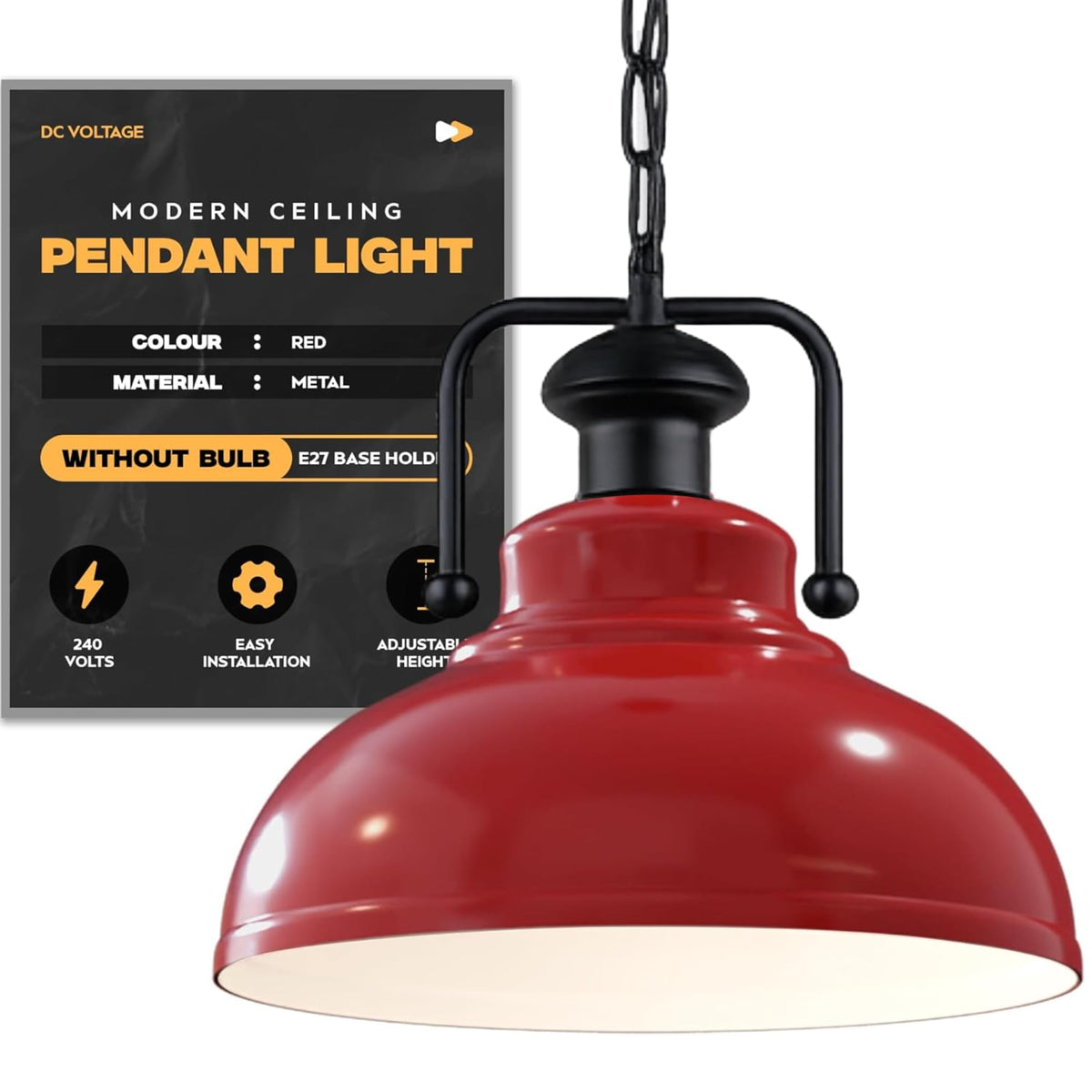 Industrial Chain Pendant Light – Black Yoke Holder, Metal Shade, E27 - Black & White, Curvy 29 cm Red, Without Bulb