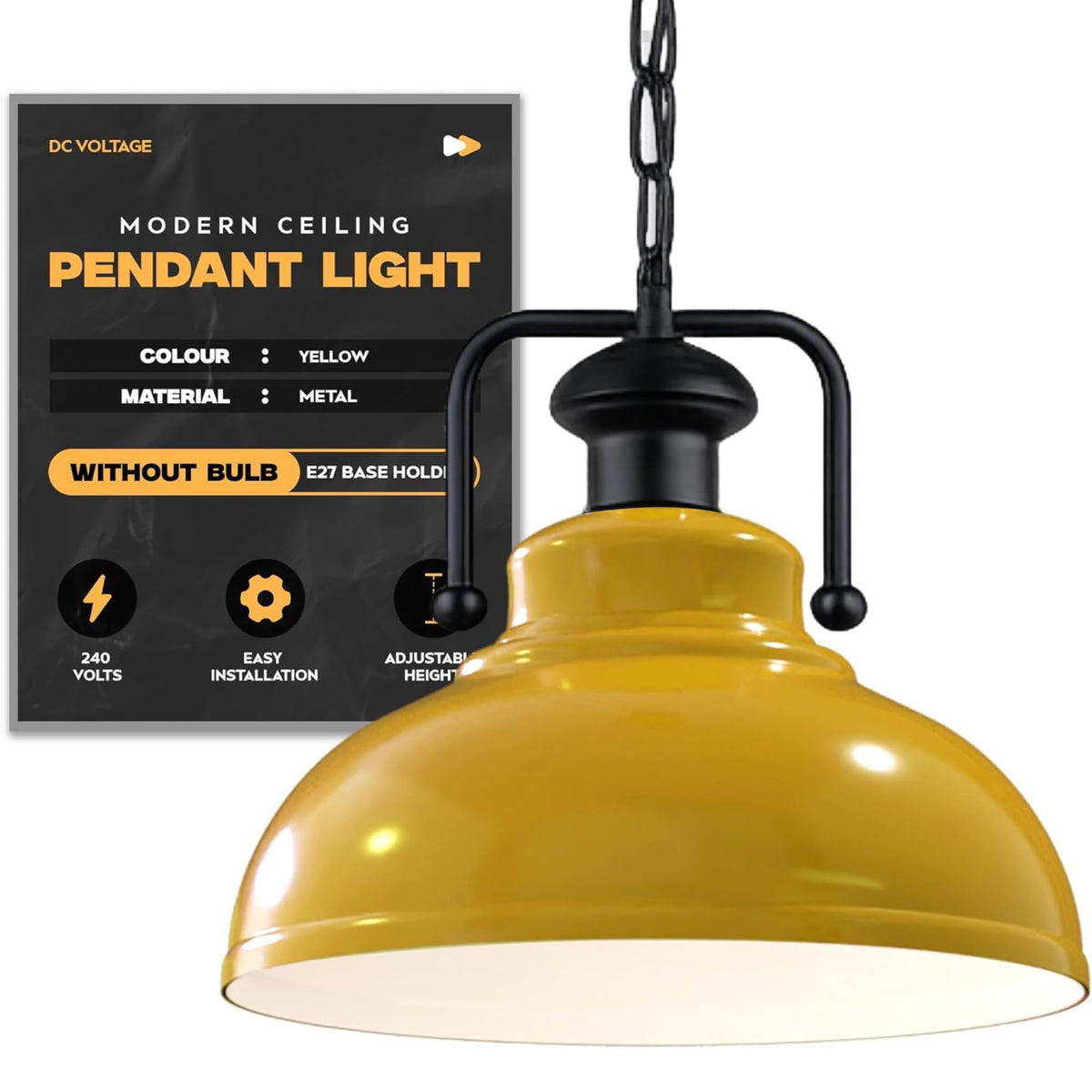 Industrial Chain Pendant Light – Black Yoke Holder, Metal Shade, E27 - Black & White, Curvy 29 cm Yellow, Without Bulb