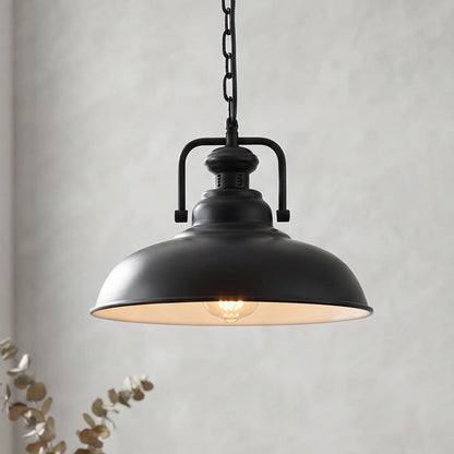 Industrial Chain Pendant Light – Black Yoke Holder, Metal Shade, E27 - Black & White, Gloss Metal 32 cm Black & White Inner, ST64 LED Bulb 4W