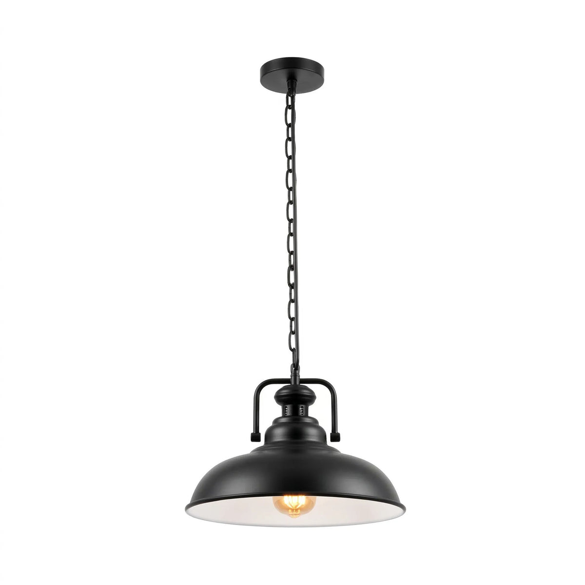 Industrial Chain Pendant Light – Black Yoke Holder, Metal Shade, E27 - Black & White, Gloss Metal 32 cm Black & White Inner, Without Bulb