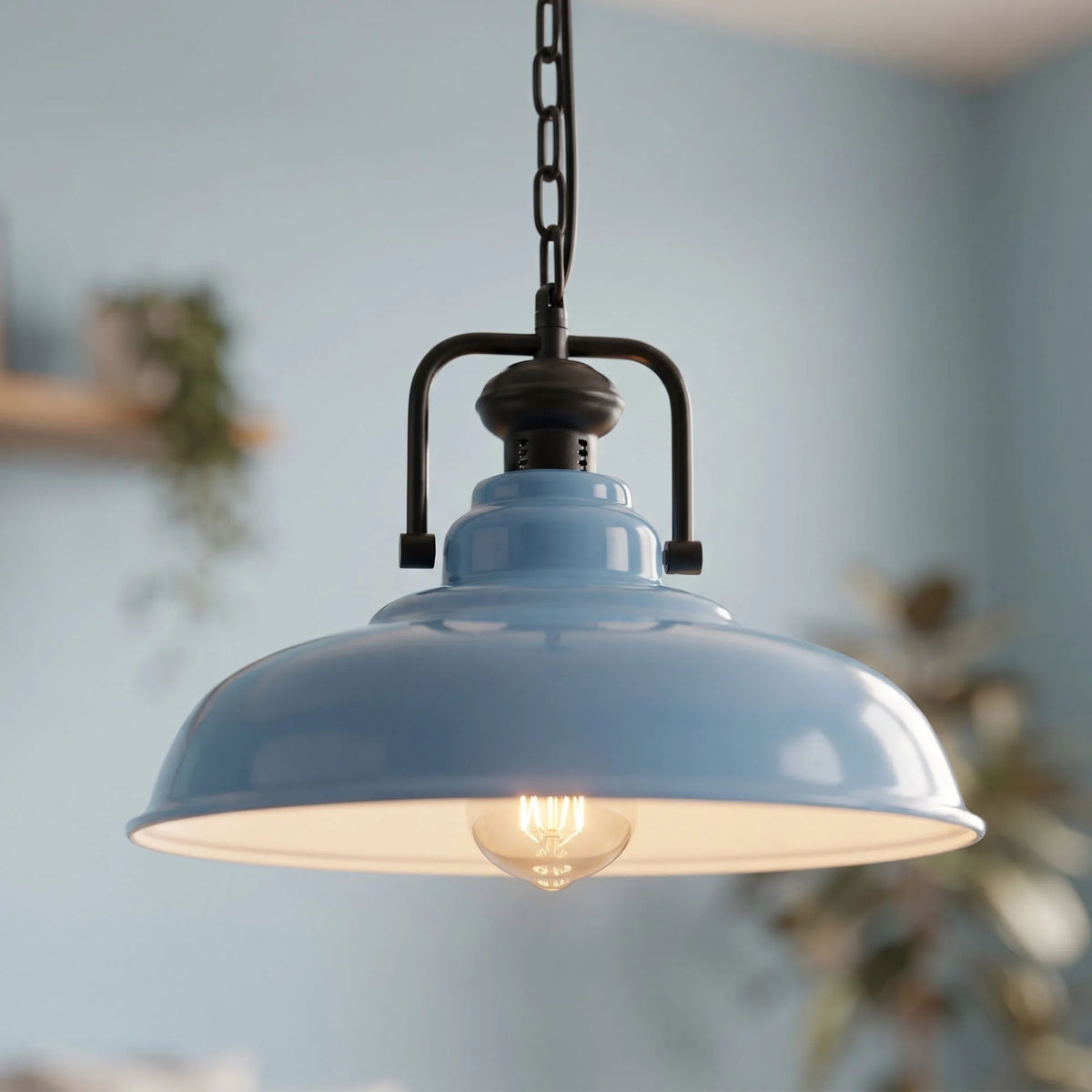 Industrial Chain Pendant Light – Black Yoke Holder, Metal Shade, E27 - Black & White, Gloss Metal 32 cm Cyan Blue, ST64 LED Bulb 4W