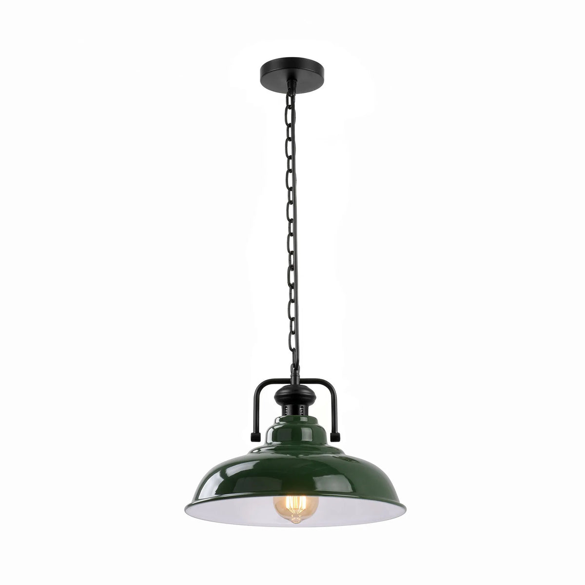 Industrial Chain Pendant Light – Black Yoke Holder, Metal Shade, E27 - Black & White, Gloss Metal 32 cm Green, Without Bulb