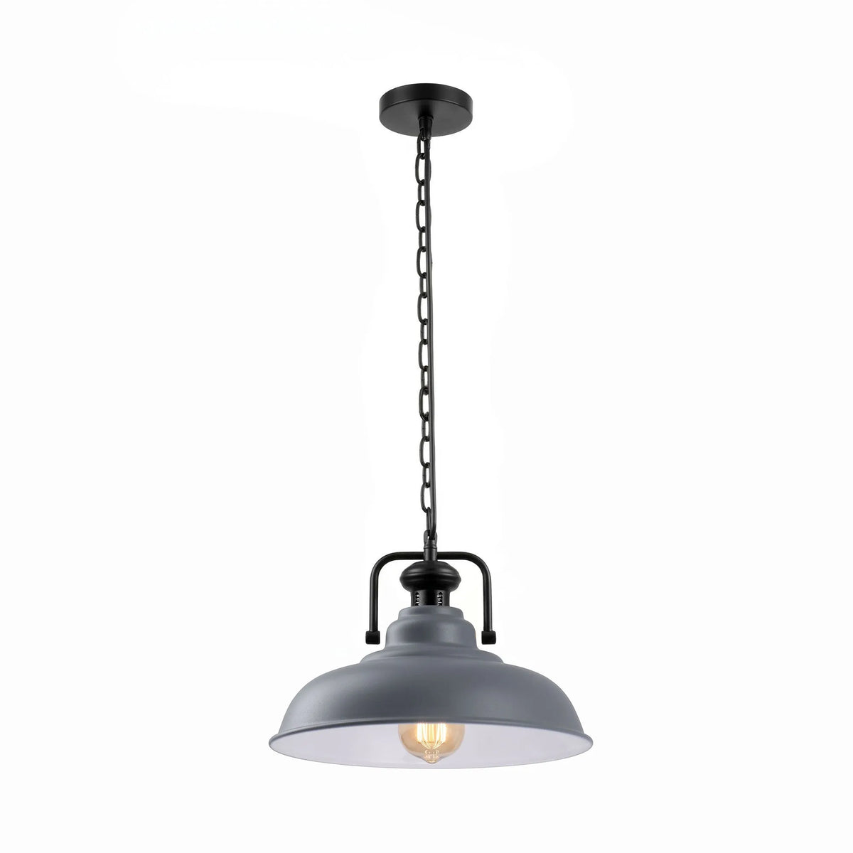 Industrial Chain Pendant Light – Black Yoke Holder, Metal Shade, E27 - Black & White, Gloss Metal 32 cm Grey, Without Bulb