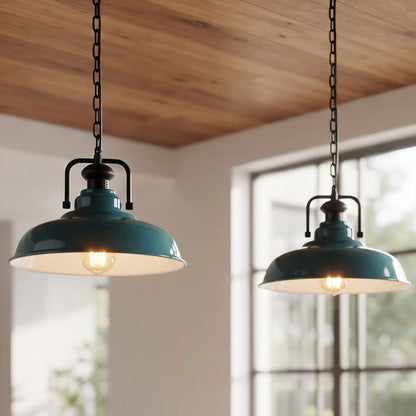 Industrial Chain Pendant Light – Black Yoke Holder, Metal Shade, E27 - Black & White, Gloss Metal 32 cm Light Blue, ST64 LED Bulb 4W