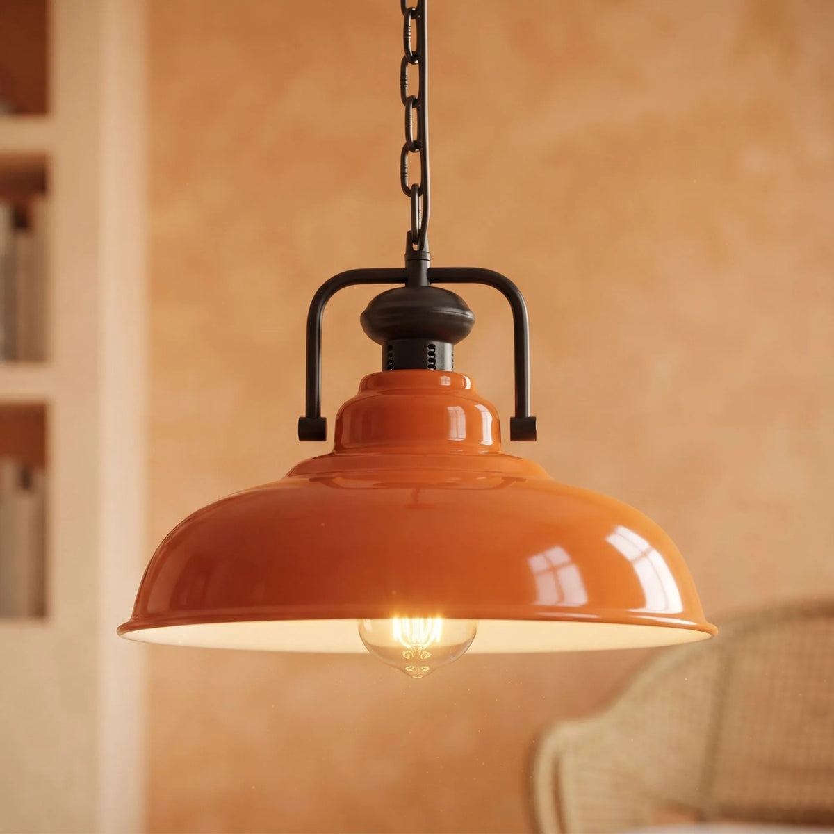 Industrial Chain Pendant Light – Black Yoke Holder, Metal Shade, E27 - Black & White, Gloss Metal 32 cm Orange, ST64 LED Bulb 4W