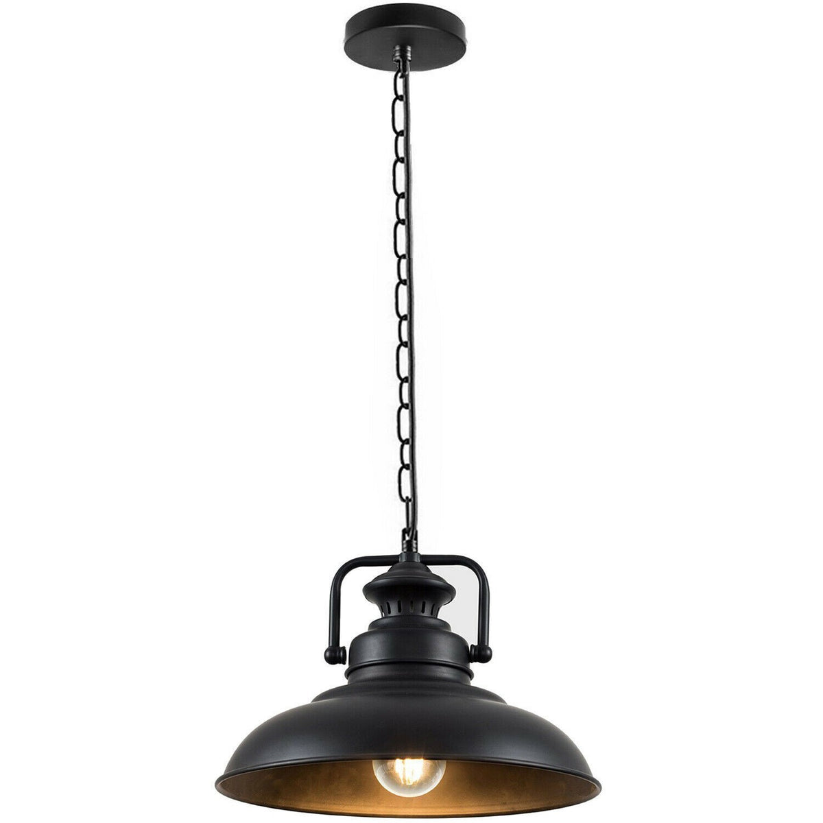 Industrial Chain Pendant Light – Black Yoke Holder, Metal Shade, E27 - Black & White, Temple 31 cm Black, Without Bulb