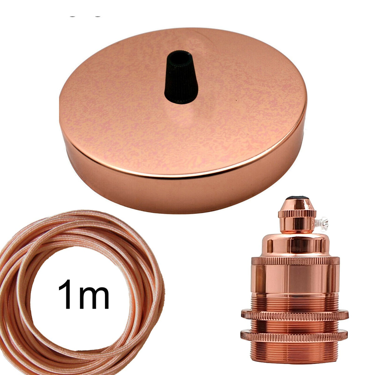 DIY Pendant Light Kit – Rose, 1 m Cable, Threaded E27 Holder - Rose Gold (Rose Gold Cable), No Shade, Without Bulb