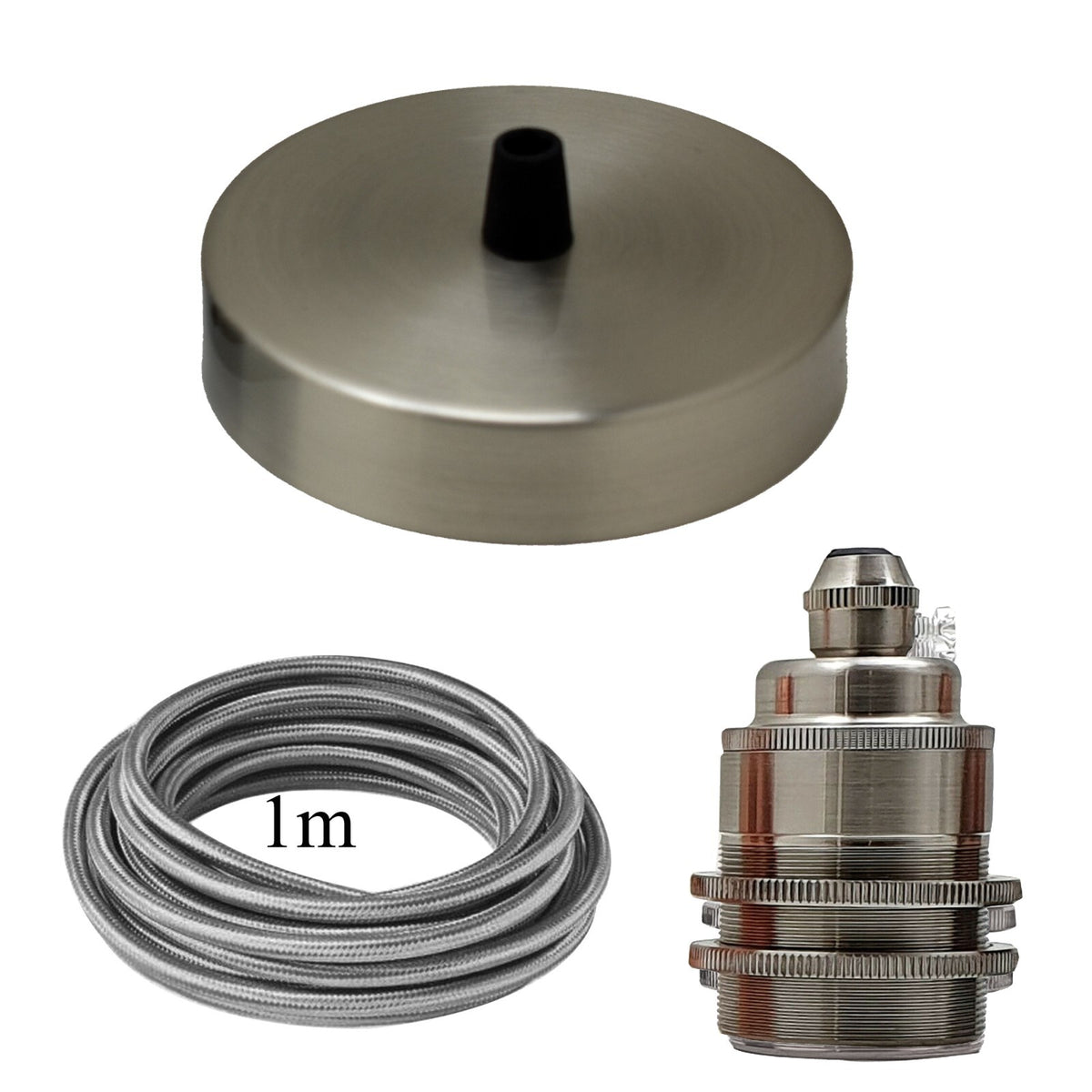 DIY Pendant Light Kit – Rose, 1 m Cable, Threaded E27 Holder - Satin Nickel (Grey Cable), No Shade, Without Bulb