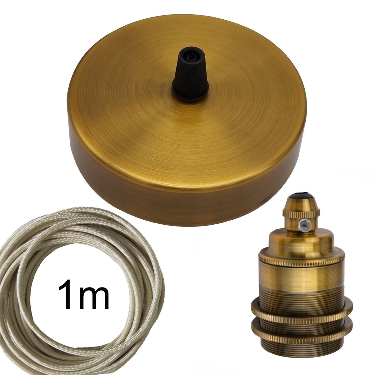 DIY Pendant Light Kit – Rose, 1 m Cable, Threaded E27 Holder - Yellow Brass (Cream Cable), No Shade, Without Bulb