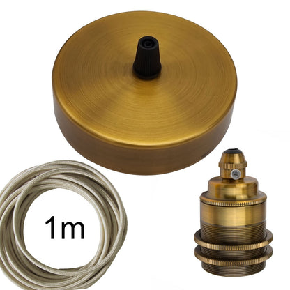 DIY Pendant Light Kit – Rose, 1 m Cable, Threaded E27 Holder - Yellow Brass (Cream Cable), No Shade, Without Bulb