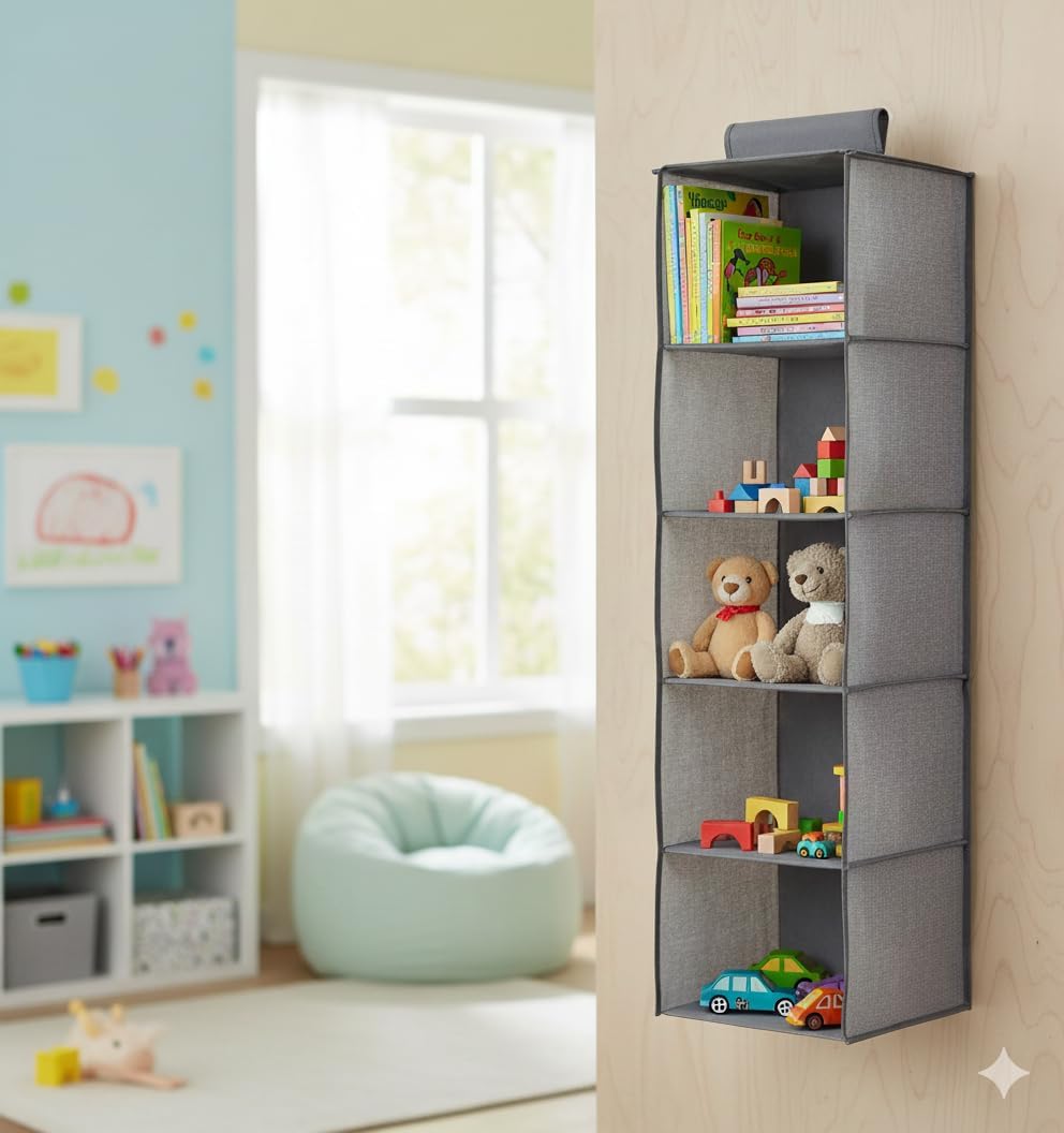Hanging Wardrobe Organiser – 4 or 5 Shelves, Grey or Black, 1 or 2 Pack - photo 3