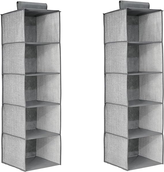 Hanging Wardrobe Organiser – 4 or 5 Shelves, Grey or Black, 1 or 2 Pack - Grey, 5 Shelves, 2 Organisers
