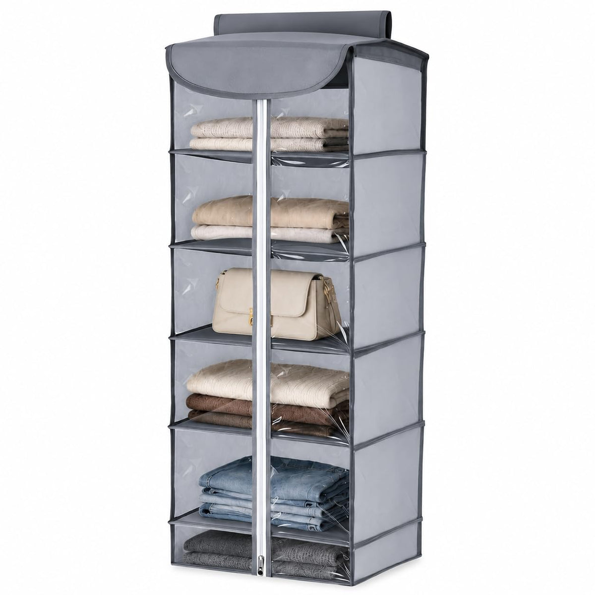 Hanging Wardrobe Organiser – 4 or 5 Shelves, Grey or Black, 1 or 2 Pack - Grey, 5 Shelves, Zip Cover, 1 Organiser