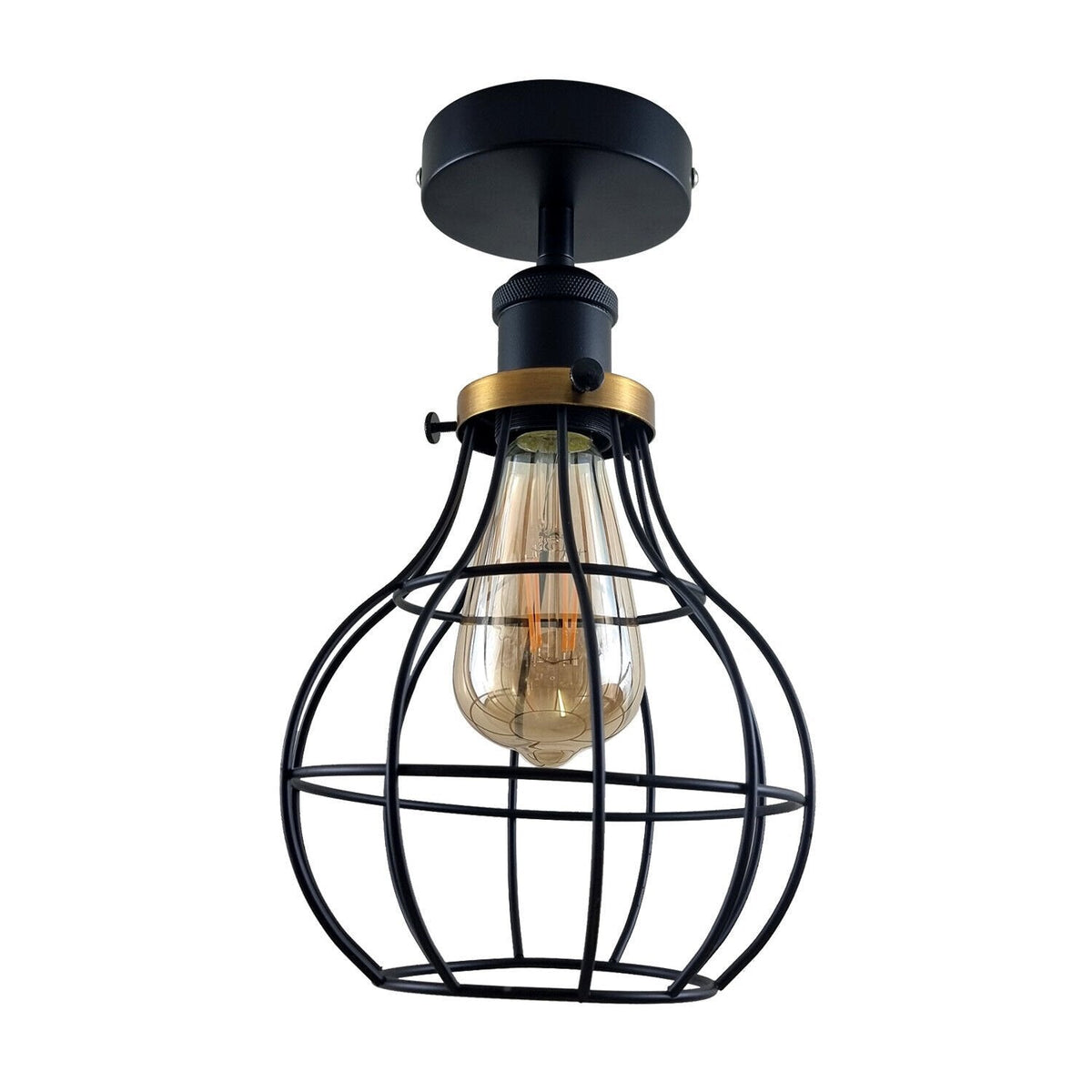 Industrial Flush Mount Ceiling Light with Cage Shade – E27 - Black, Balloon Cage Black, ST64 LED Bulb 4W