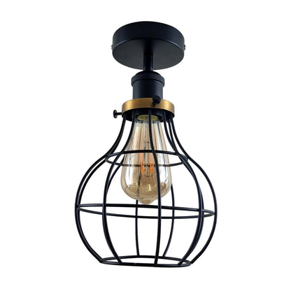 Industrial Flush Mount Ceiling Light with Cage Shade – E27 - Black, Balloon Cage Black, ST64 LED Bulb 4W