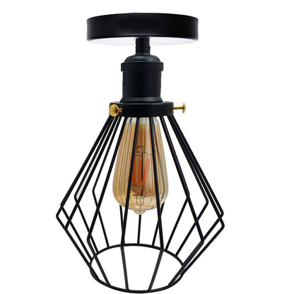 Industrial Flush Mount Ceiling Light with Cage Shade – E27 - Black, Diamond Cage Black, Without Bulb