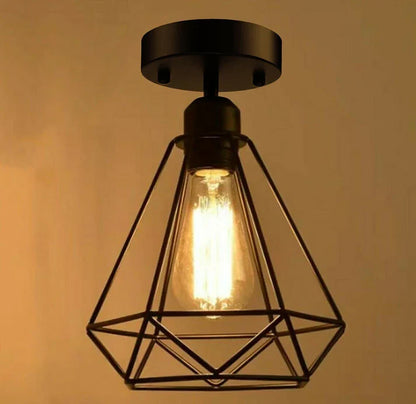Industrial Flush Mount Ceiling Light with Cage Shade – E27 - Black, Wire Cage Black, Without Bulb
