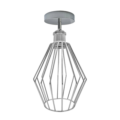 Industrial Flush Mount Ceiling Light with Cage Shade – E27 - Chrome, Diamond Cage Chrome, Without Bulb