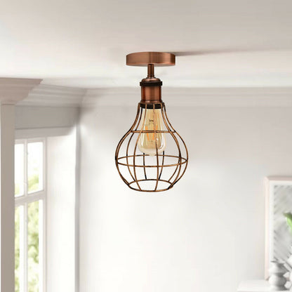 Industrial Flush Mount Ceiling Light with Cage Shade – E27 - Yellow Brass, Balloon Cage Black, Without Bulb
