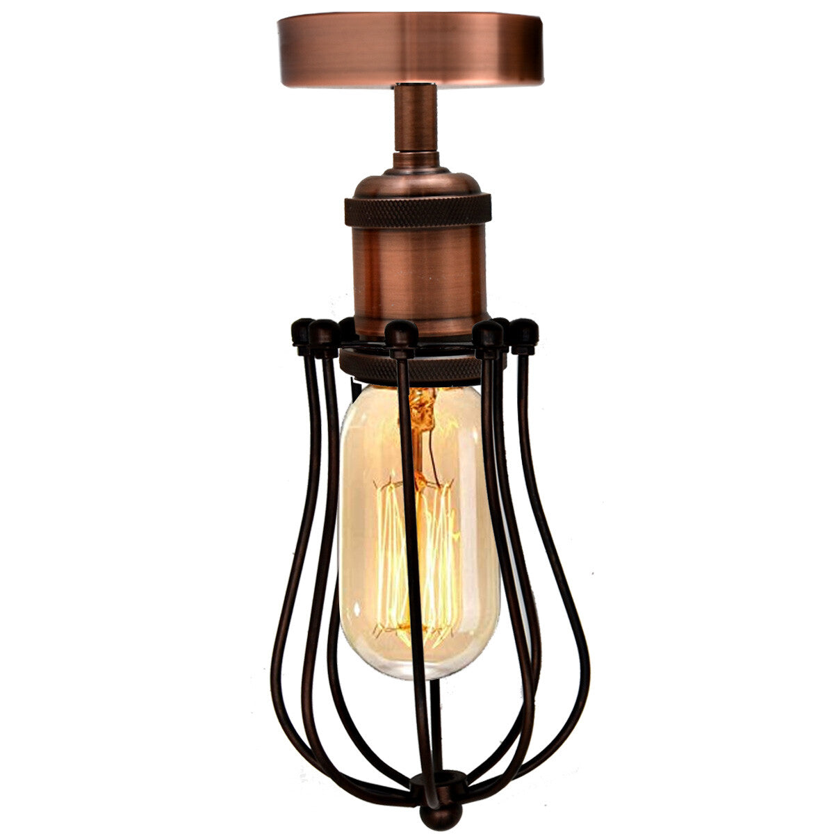 Industrial Flush Mount Ceiling Light with Cage Shade – E27 - Copper, Round Cage Black, T130 LED Bulb 4W