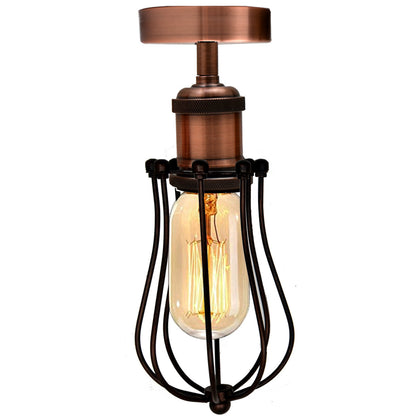 Industrial Flush Mount Ceiling Light with Cage Shade – E27 - Copper, Round Cage Black, T130 LED Bulb 4W