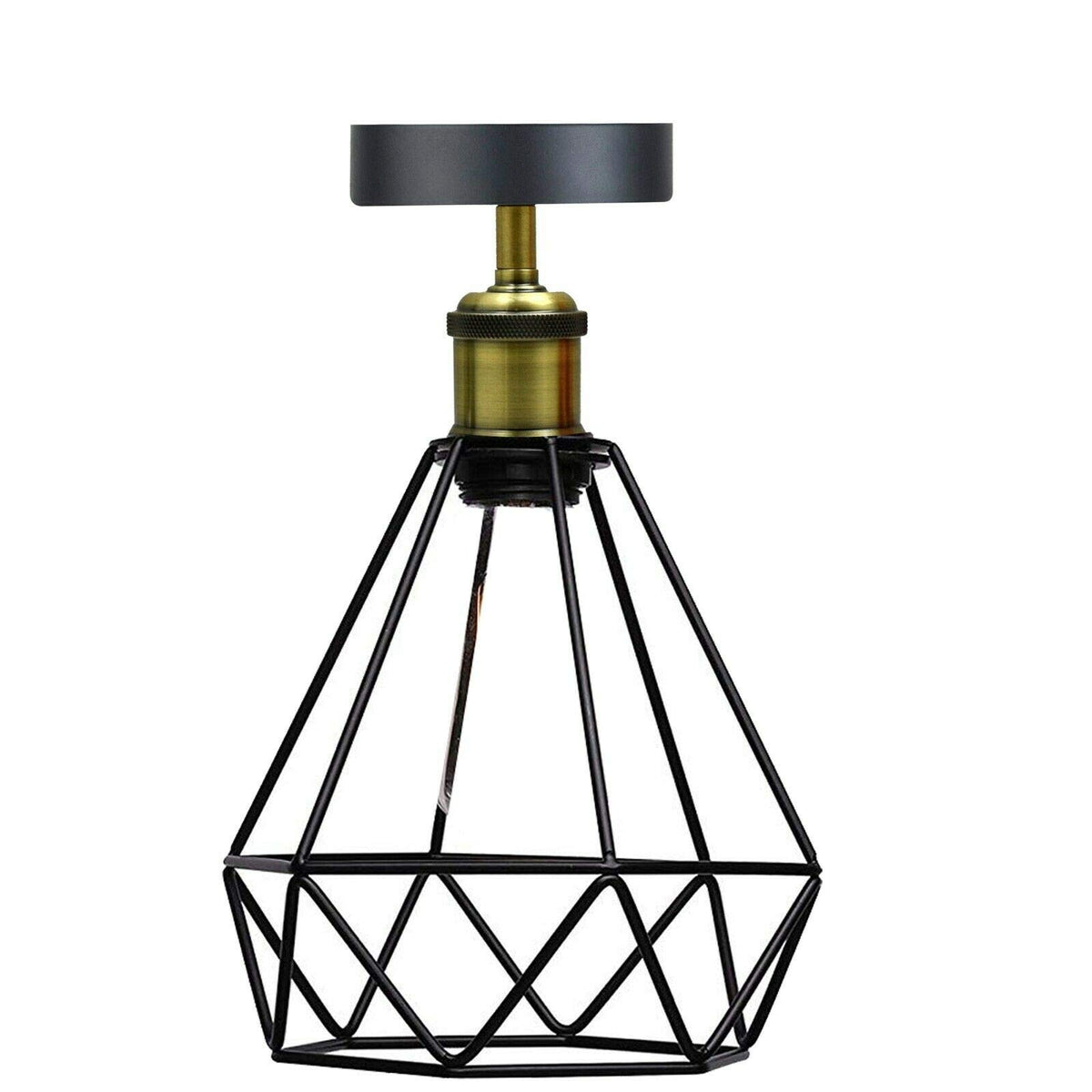Industrial Flush Mount Ceiling Light with Cage Shade – E27 - Green Brass, Wire Cage Black, Without Bulb